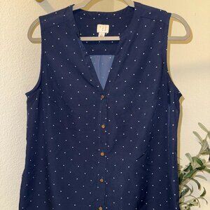Navy Polka Dot Sleeveless Button-Down Blouse L